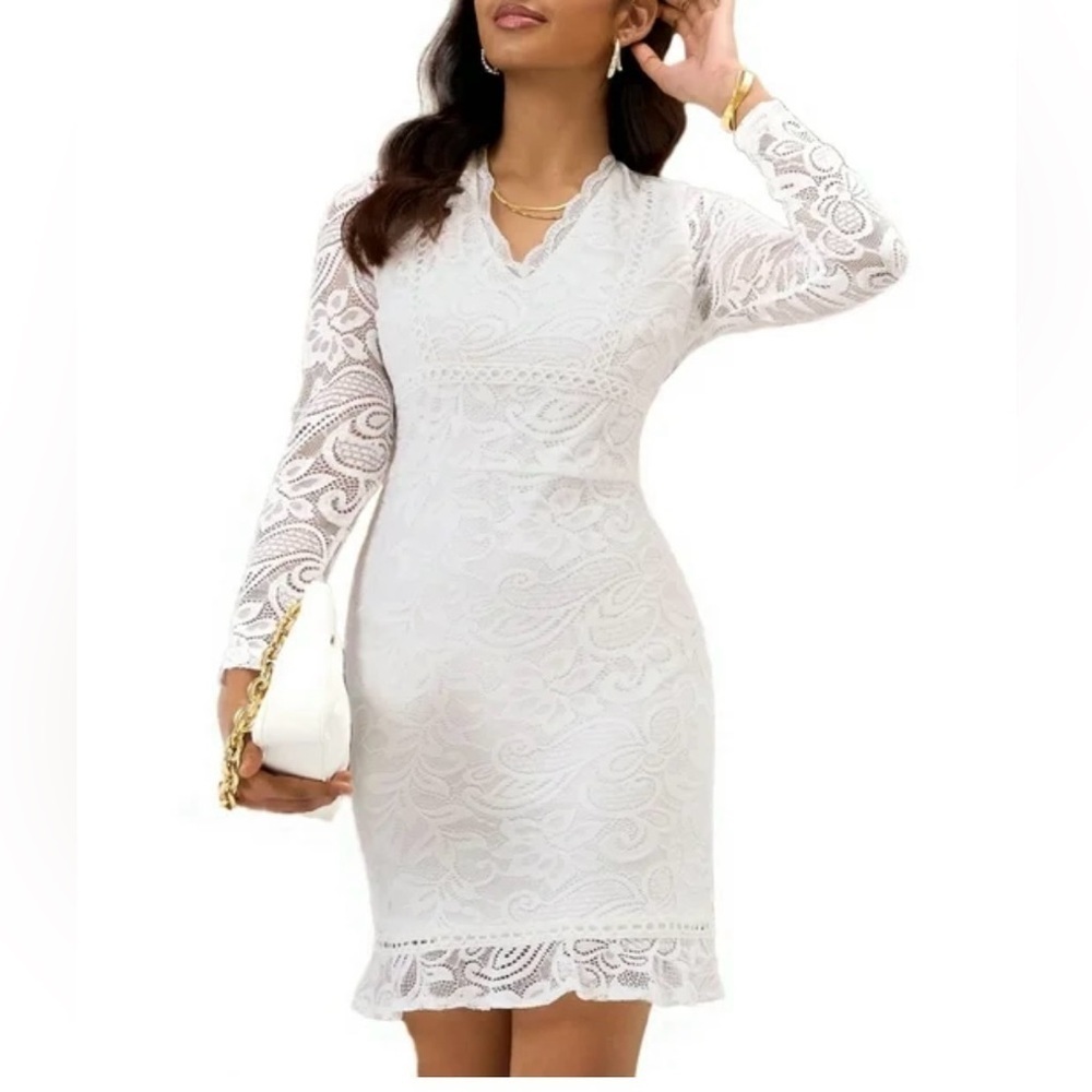 Elegant Lace Long Sleeve Dress in Cream (907)